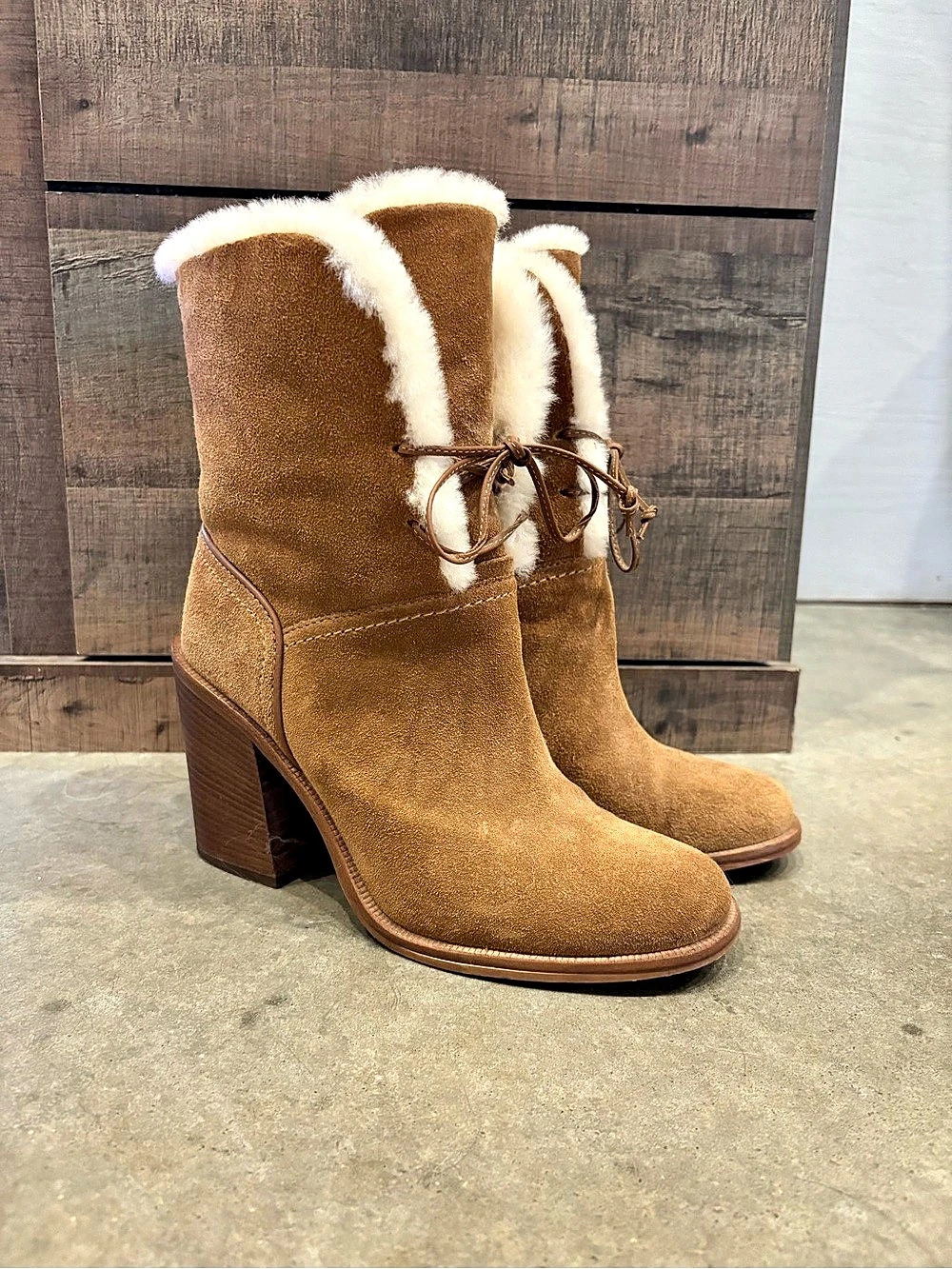 UGG Jerene Suede-Look Shearling Heeled Boots in Brown